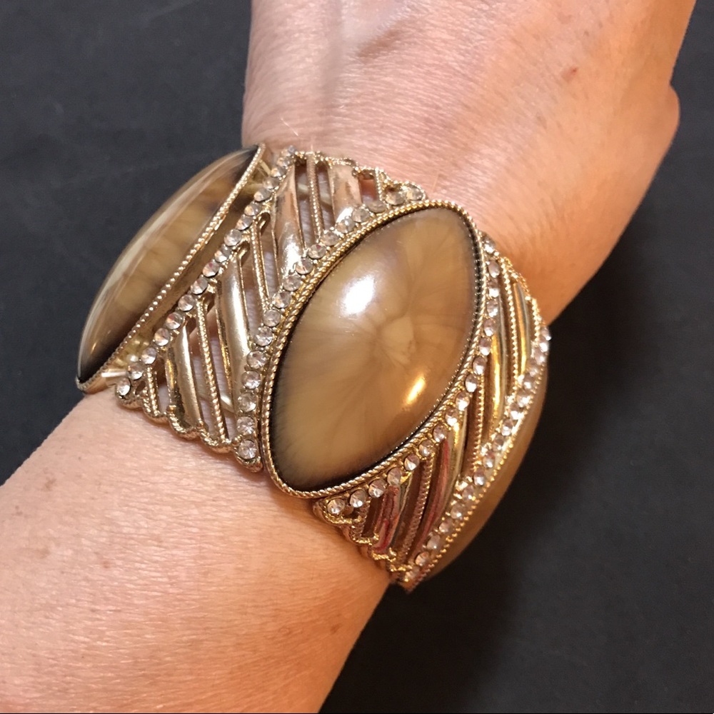 Wide Stretch Gold Bracelet Cabochons Rhinestones